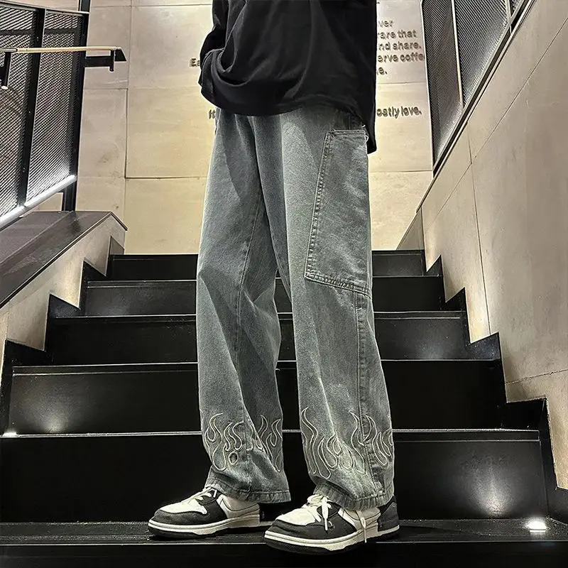 

plus Size Men's Straight Leg Jeans Retro Distressed Loose Fit Denim Long Trousers Autumn New Style Breathable Polyester