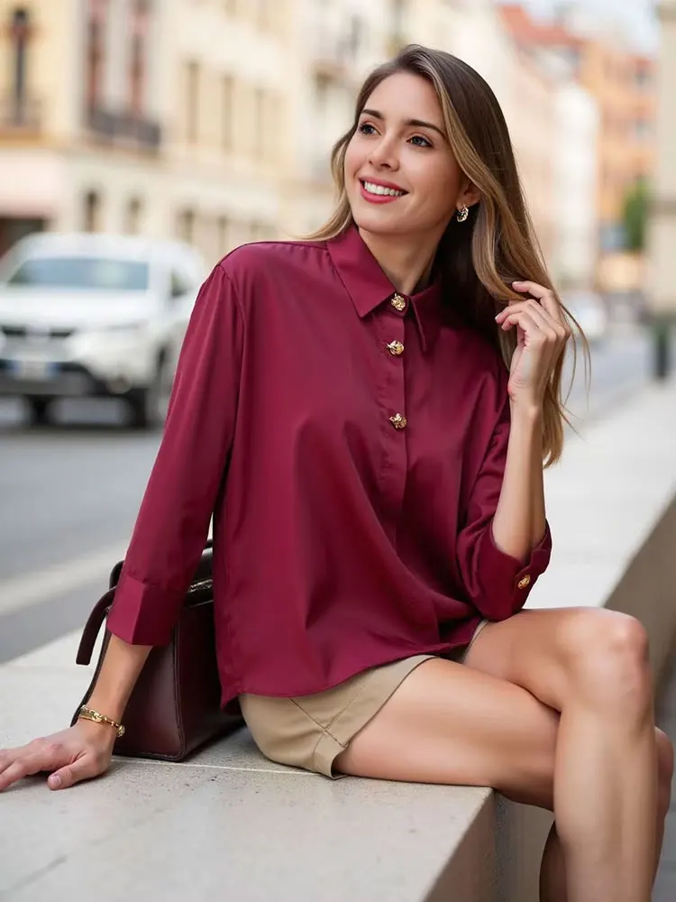 

HH Women‘s 2025 Spring Elegant Silk Satin Wine Red Blouse Long Sleeves Solid Lapel Metal-breasted Office Lady Fashion Shirts