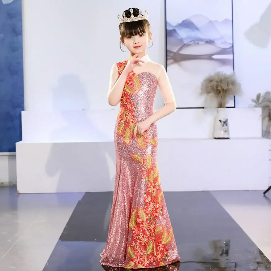 New children\'s cheongsam mermaid dress Kids Chinese style Catwalk costume sleeveless sequin print design Modis vestidos Y1544