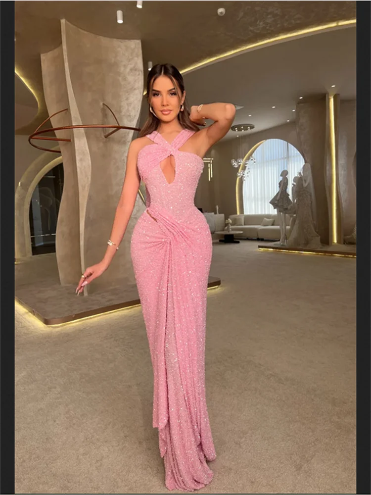 Personalizado rosa sereia brilhante lantejoulas vestidos de baile halter pescoço sem mangas vestidos de noiva recorte drapeado noite formal