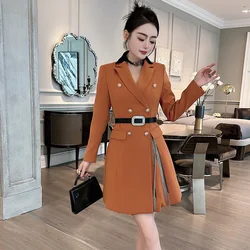 ZJYT Elegant Ladies Autumn Blazer Dresses Women 2024 New Long Sleeve Double Breasted Belt Office Dress Female Clothing Vestidos