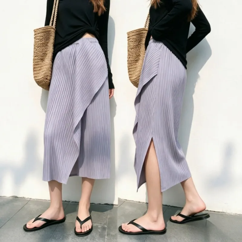 Pleated Fashion Casual Skirt Summer New Simple Asymmetric Slit Design Women's Draped Elastic Wrinkle-Free Fold Long Skirt