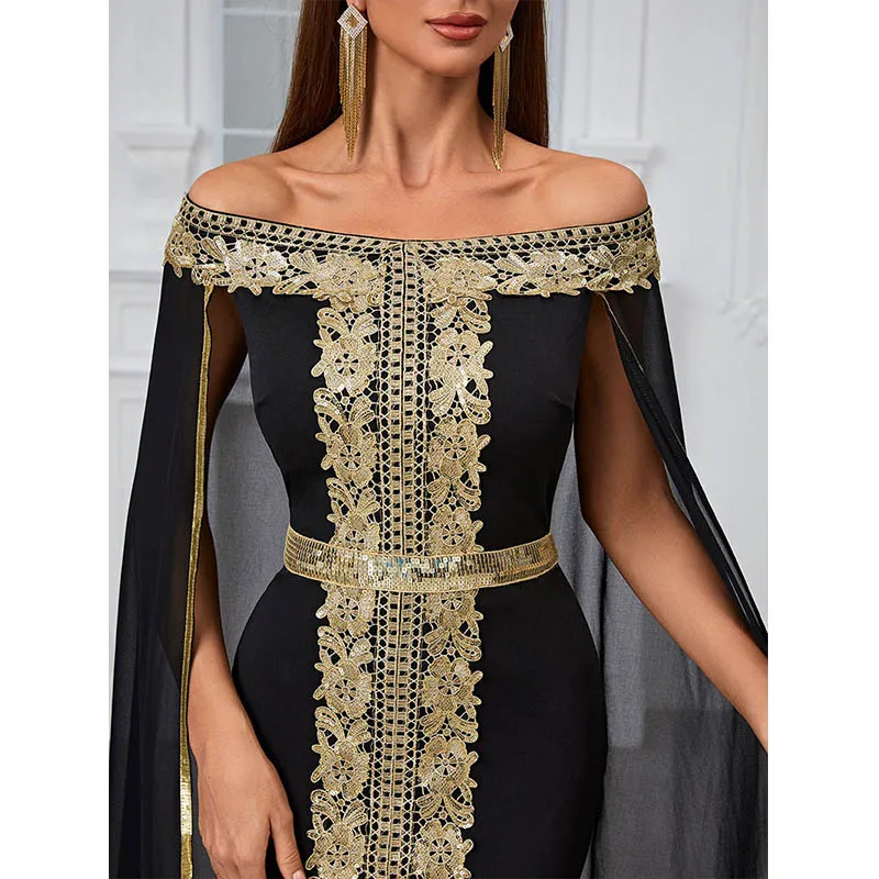 Abaya dubai luxury ramadan 2024 Muslim Women Off shoulder Sequined Black Chiffon Evening Party Cocktail Prom Long Maxi dresses