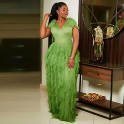 Plus Size African Green Long Evening Dresses Elegant Aso Ebi Style Ruffled Chiffon Wedding Guest Dress Black Women Formal Gowns