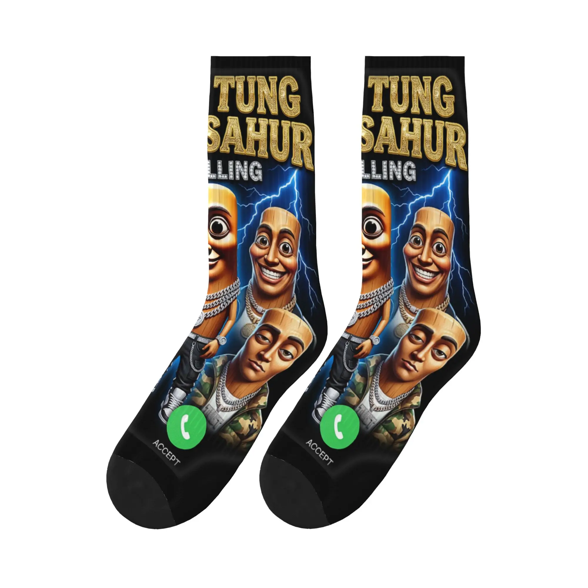 Tung Tung Tung Sahur is Calling Italian Brainrot Meme Stockings Graphic Funny Socks Winter Anti Skid Socks Men's Outdoor Socks