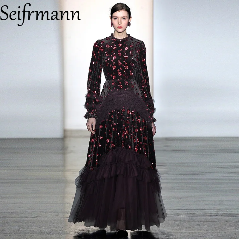 Seifrmann 2026 printemps femmes nouvelle mode col rond à manches longues mousseux velours épissage maille taille cintrée robe