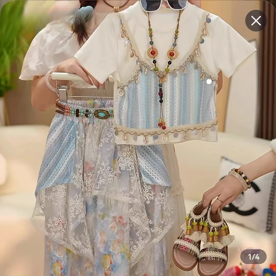 

Girls' Summer Clothing Set 2025 New Ethnic Style Two Piece Set, Sweet and Suitable for Girls' T-shirts and Skirts