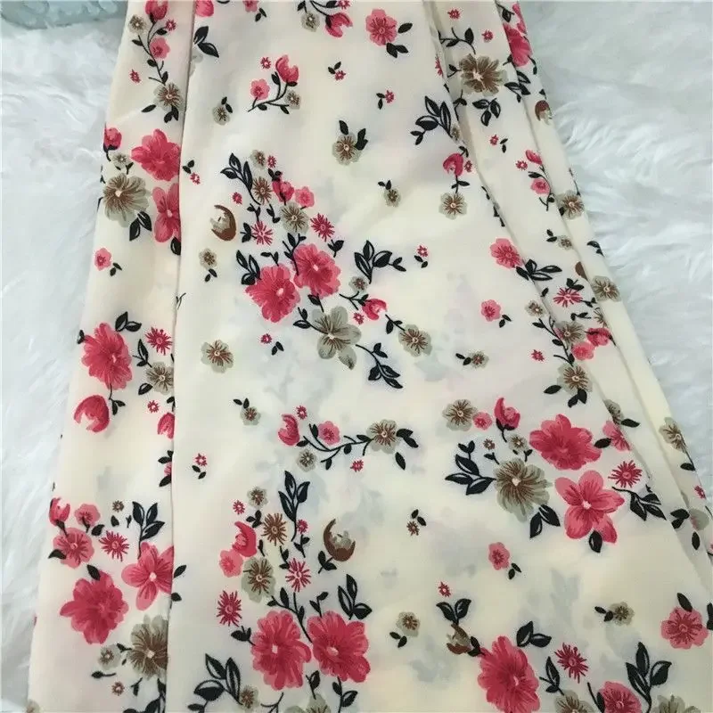 Printed Flowers Micro Elasticity Chiffon Fabric By Meter for Dress Headwear Decoration Diy Sewing Cloth Comfortable Red Pink