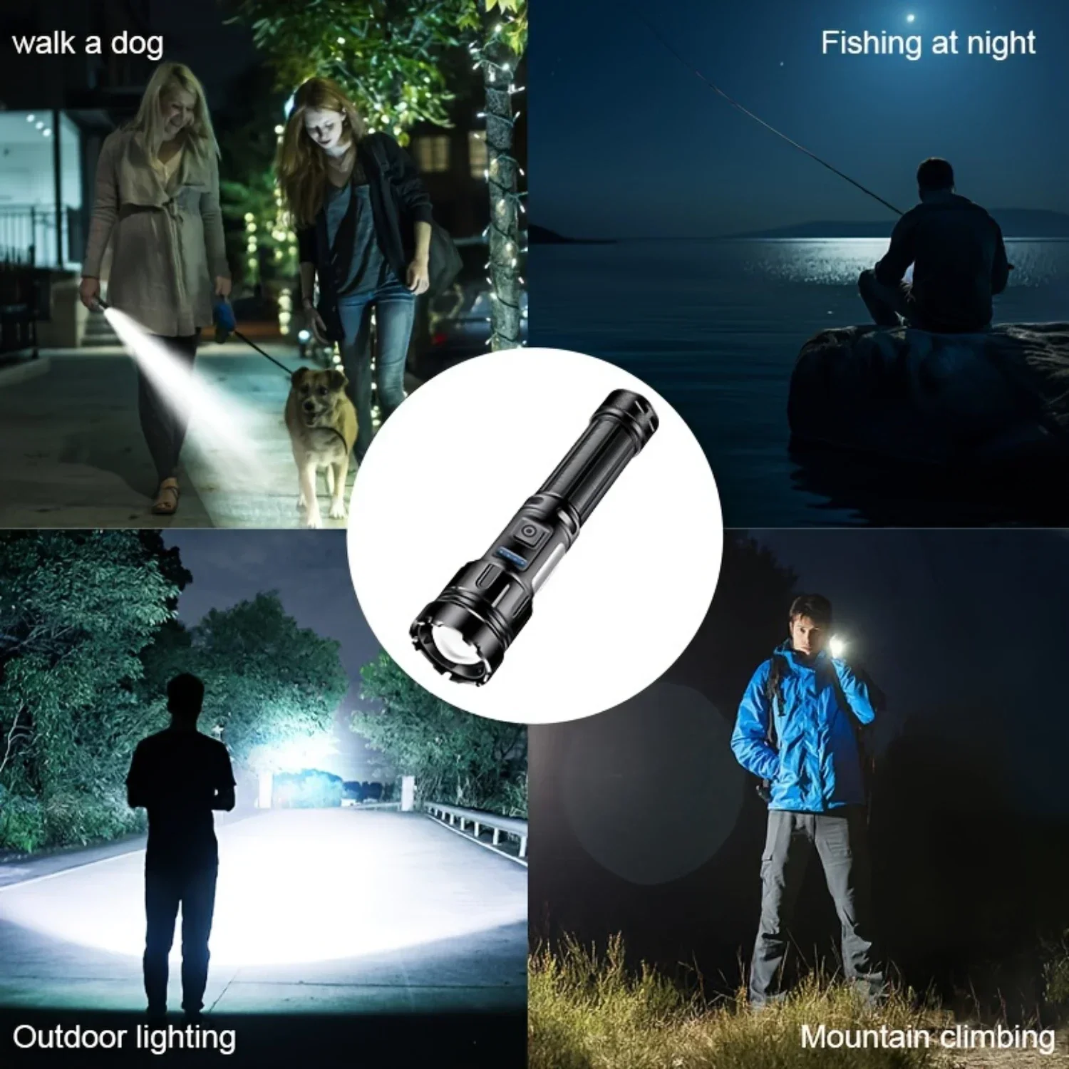 Senter COB LED Super terang, senter isi ulang USB dengan lampu samping, lampu merah luar ruangan, Senter Bank daya memancing darurat