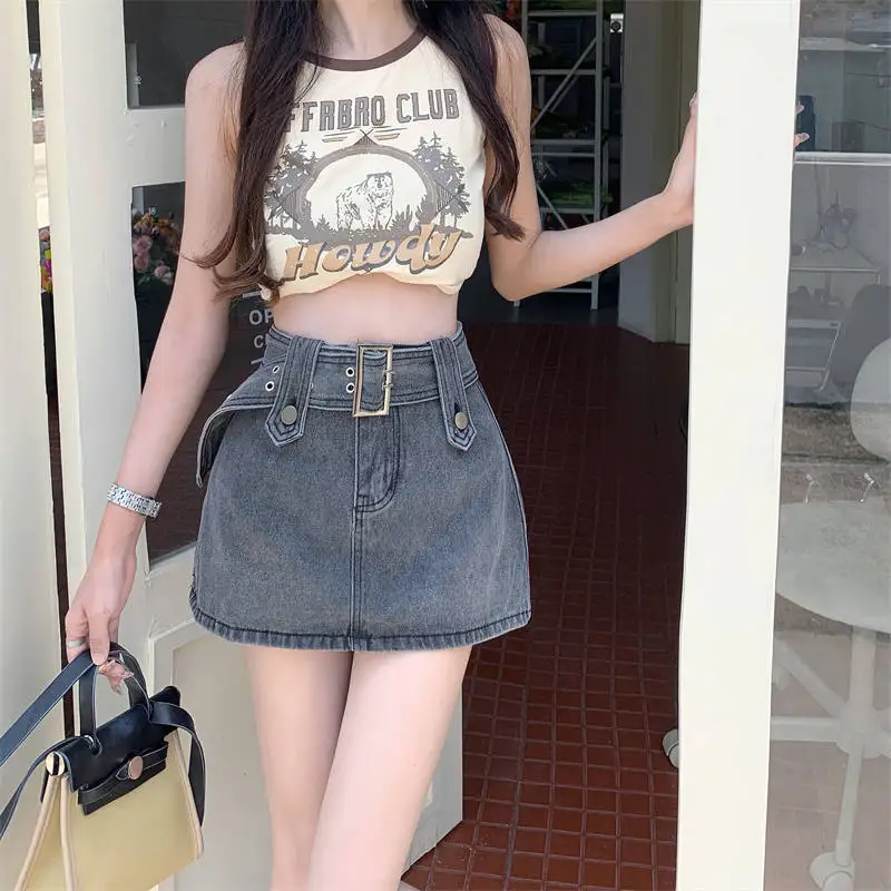 HOUZHOU rok Denim Mini wanita antik seksi pinggang tinggi sabuk A-line rok Jeans ramping kasual Y2K rok musim panas Streetwear Korea