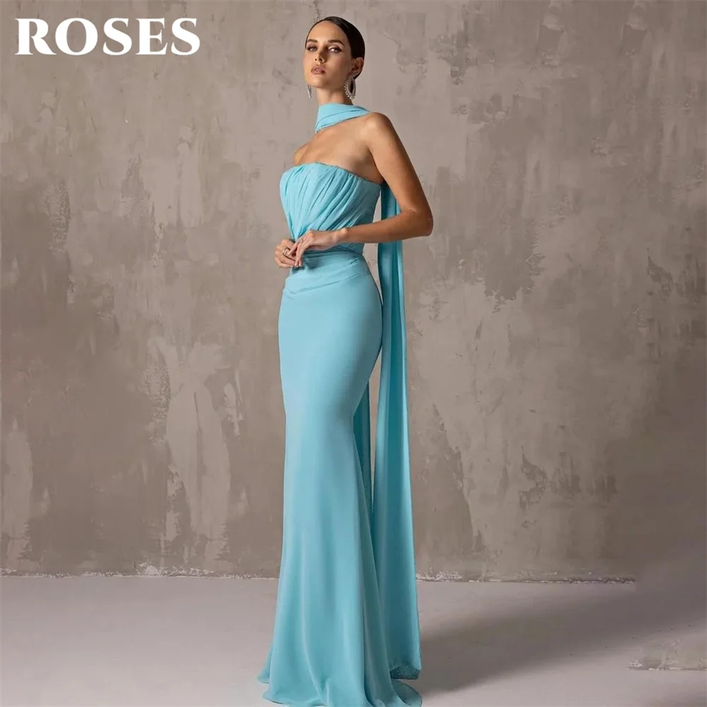 

ROSES Teal Prom Dresses Strapless Sleeveless Evening Dresses Draped Neck Scarf Party Dress Slim Fit Robe De Soirée Customized