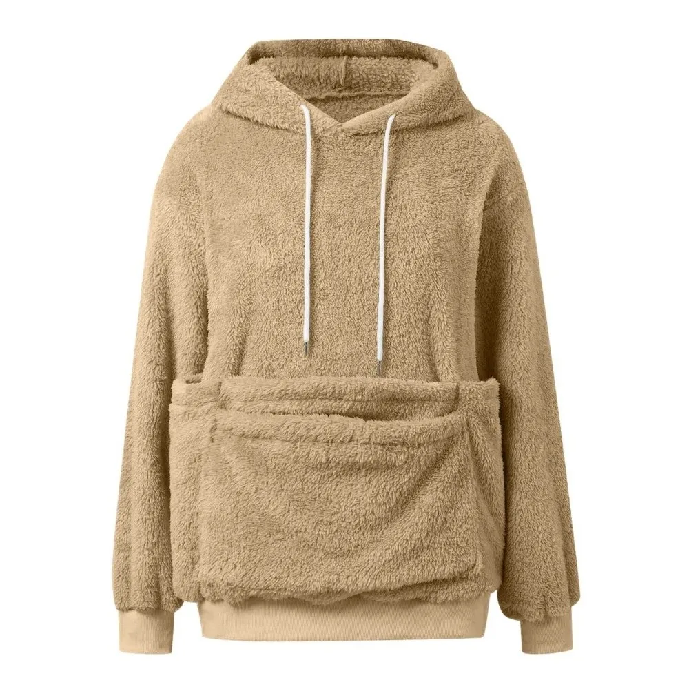 Solid Color Women Pet Carrier Hoodie Plush Hooded Hooded Sweatshirt Loose Fit Fleece-Lined Double Pocket Hoodie