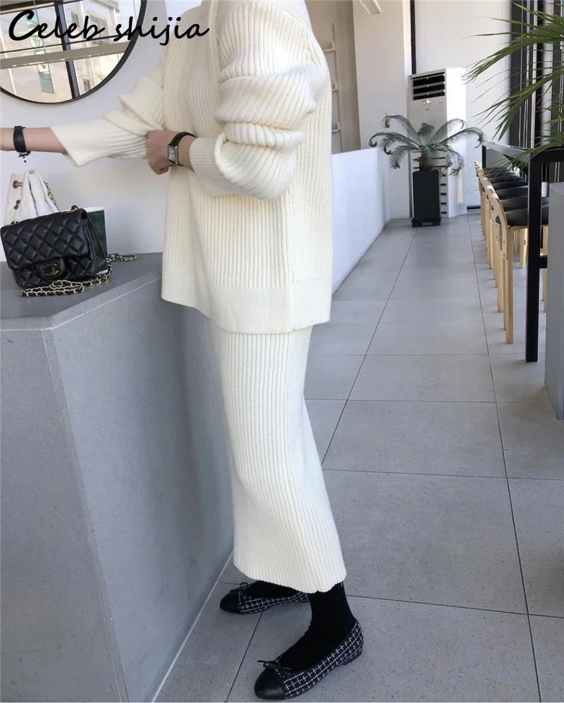 Chic White Knitted Dress Sets Woman Loose O-neck Sweater and High Waist Skirts Female Korean Autumn Winter Elegant 2 Piece Sets