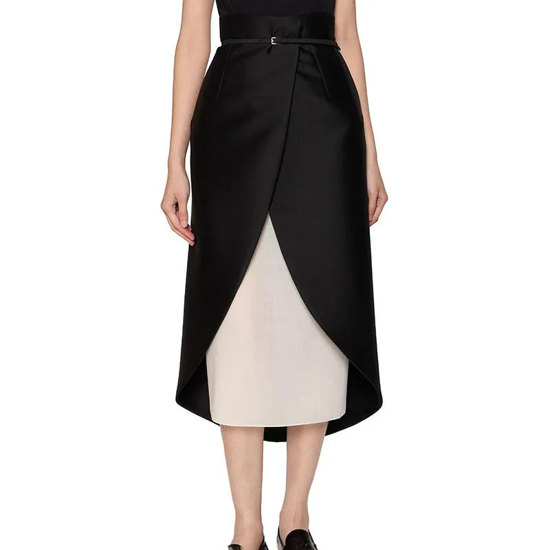 2026, New Design, Women's Wool Blend Skirt, Black and White Contrasting Long Dress, High-Quality Office Skirt with Slit, Y2K