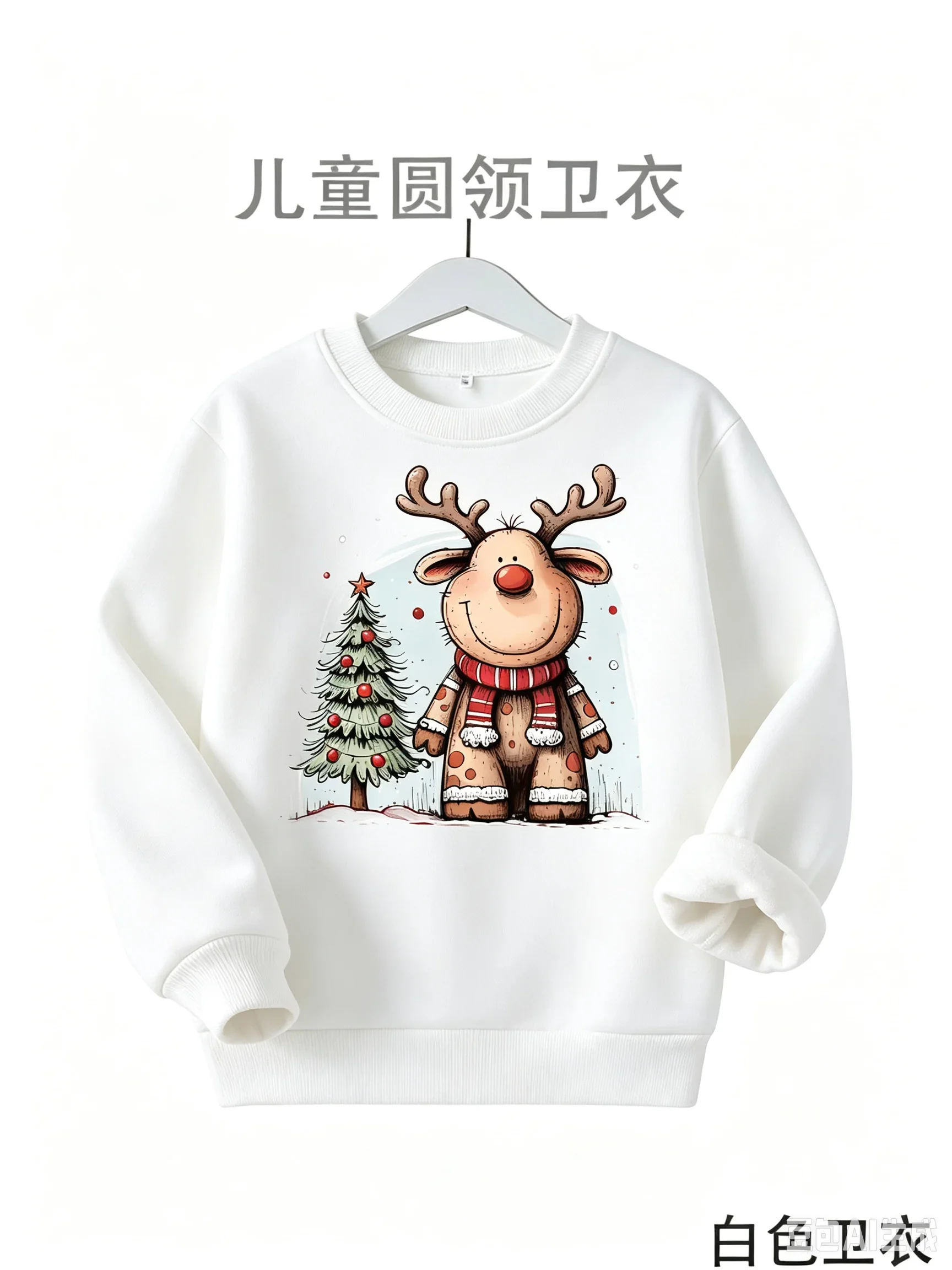 Christmas-themed cartoon reindeer and Christmas tree print hoodie for boys and girlscreative casual autumn/winter fleece lining.
