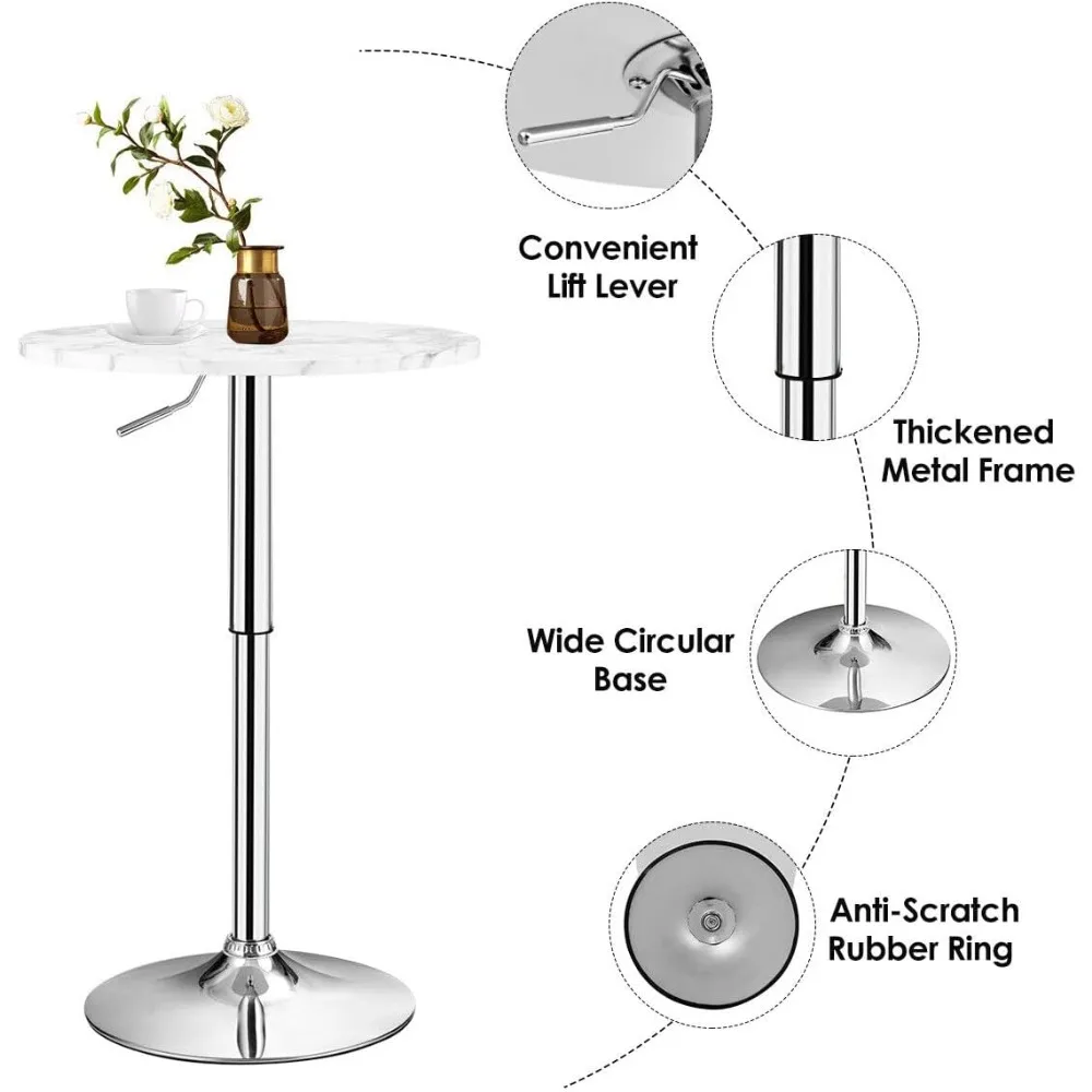 Runder Kneipentisch höhenverstellbar, 360° °   Drehbarer Cocktail-Pub-Tisch mit silbernen Beinen und Untergestell für Zuhause, Bartisch (weiß)
