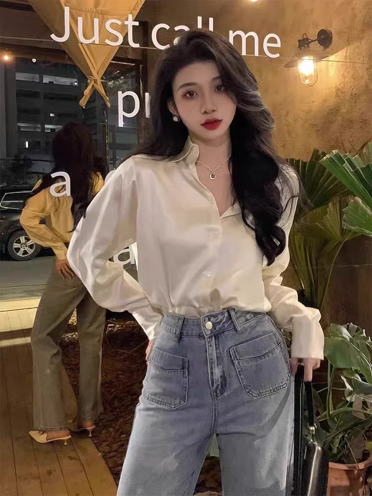 Elegant Satin Solid Women Shirt Autumn Turn-down Collar Ladies Blouse Spring Vintage Casual Button Simple Tops Female Clothes