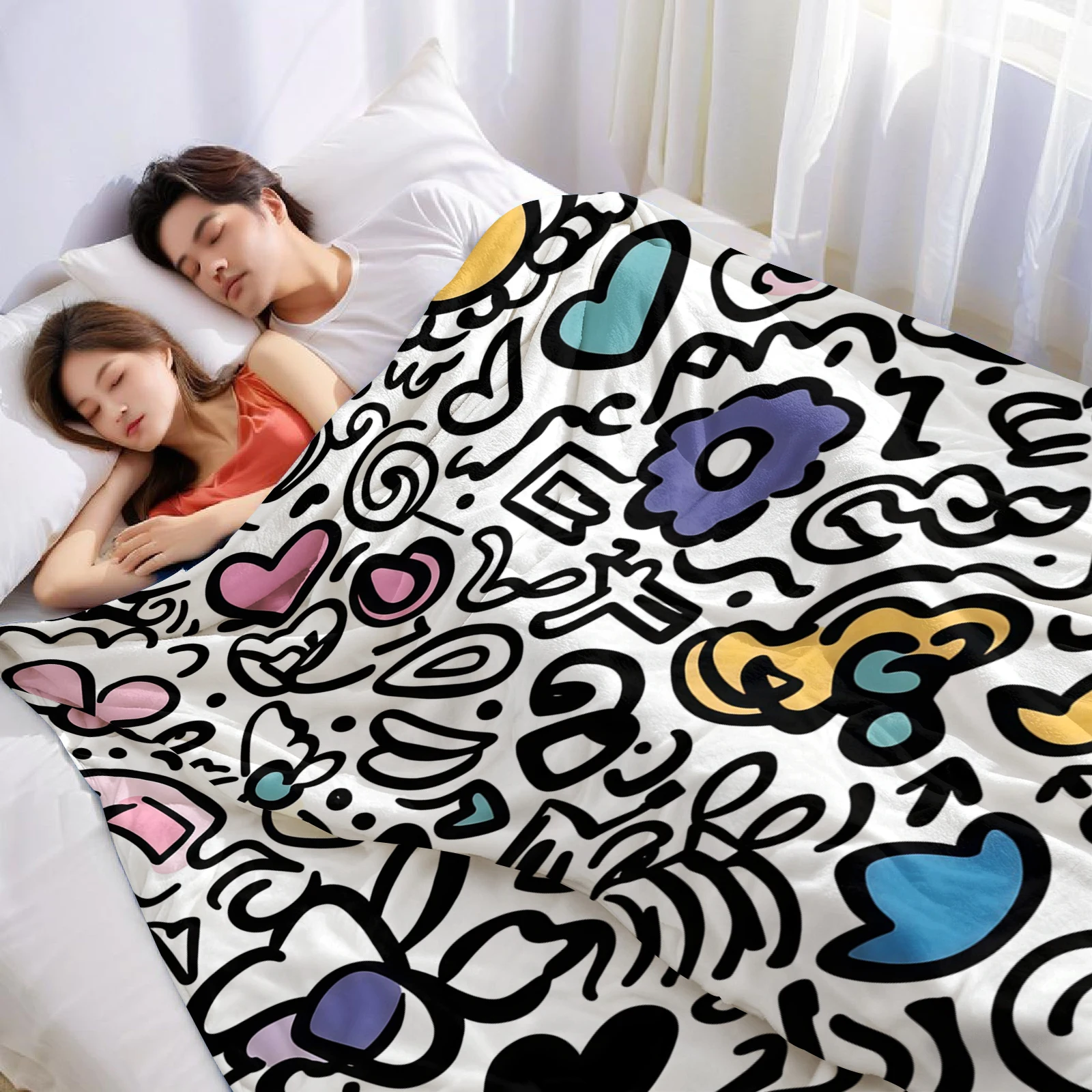 Doodle Heart Floral Cartoon Anime Print Flannel Blanket Soft Warm Throw for Kids Bedroom Sofa Bed Christmas Office Car