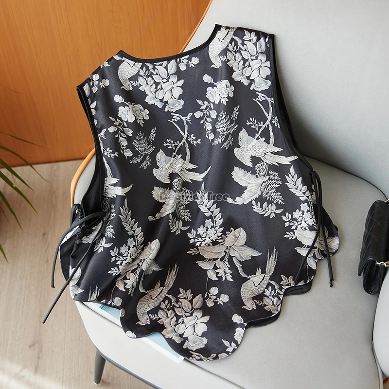 2024 new chinese style pan button vest autumn over size loose leisure versatile vest fashion design sense exquisite printing top