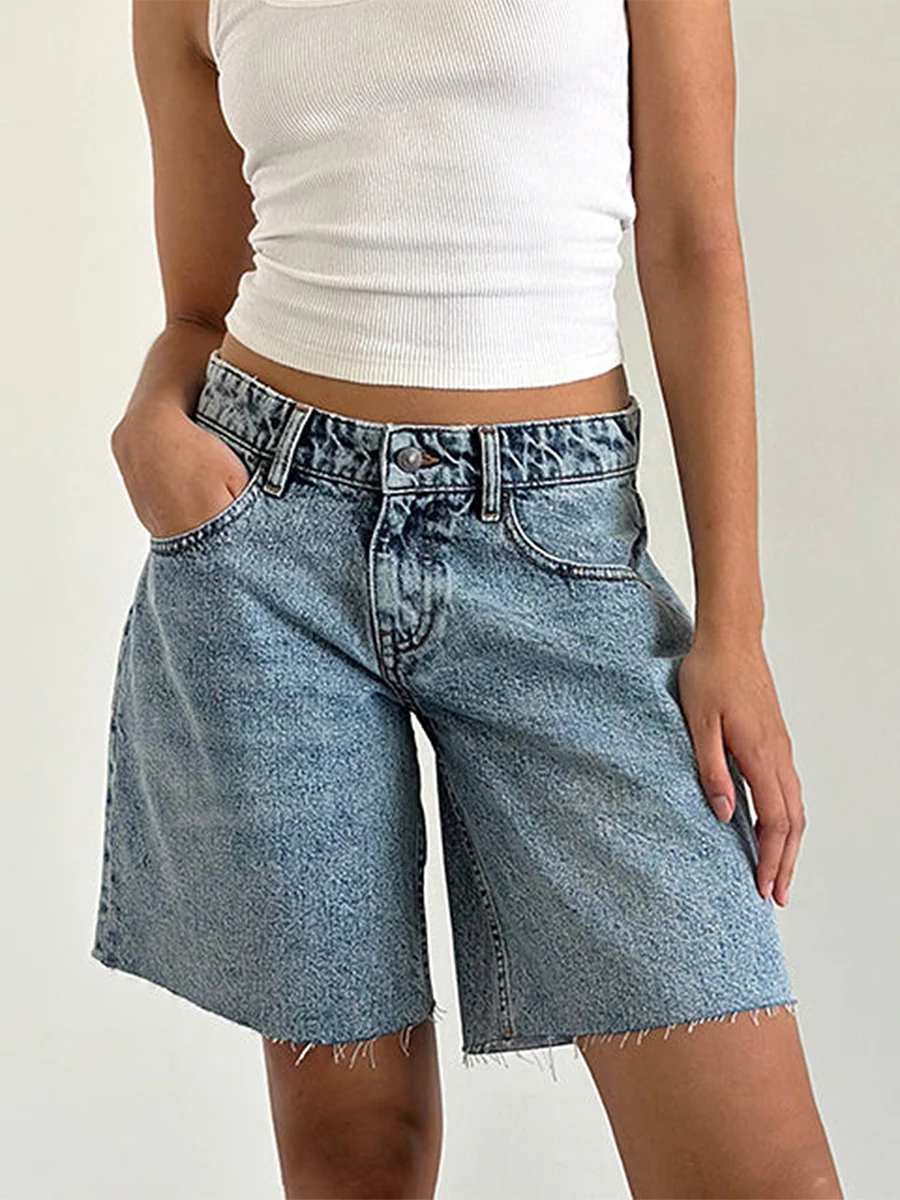 Women\'s Y2k Baggy Denim Shorts Knee Length Loose Solid Color Wide Leg Raw Hem Vintage Bermuda Shorts with Pockets  Summer