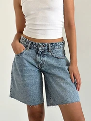 Women's Y2k Baggy Denim Shorts Knee Length Loose Solid Color Wide Leg Raw Hem Vintage Bermuda Shorts with Pockets  Summer