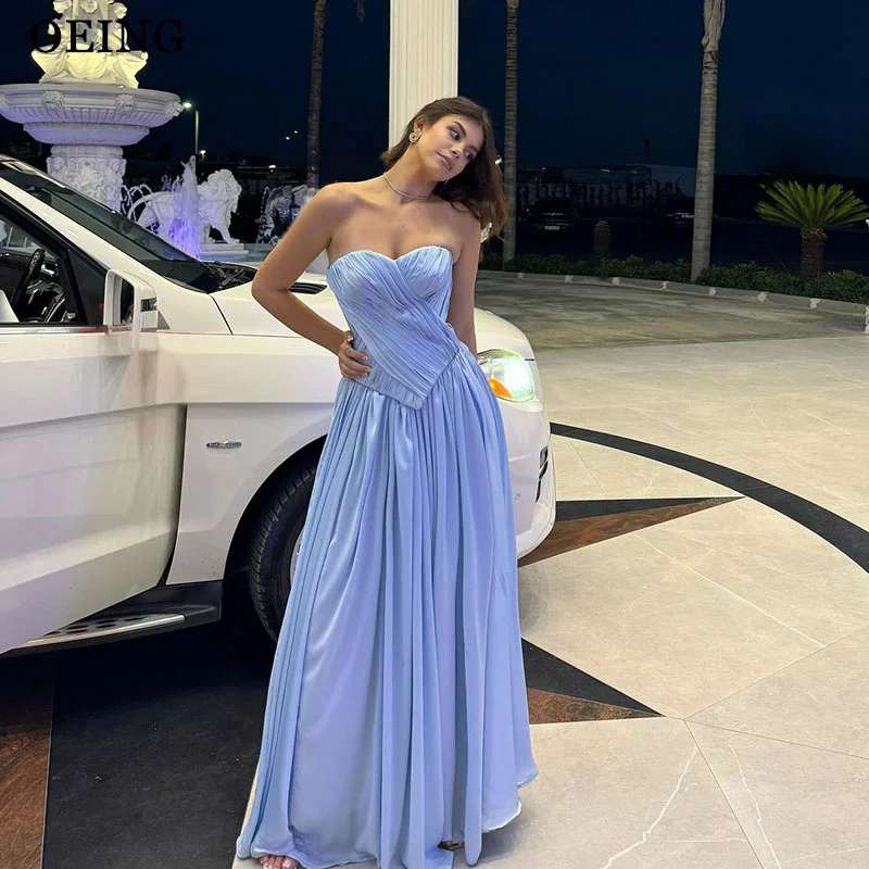 

OEING Sexy Sky Blue A-Line Prom Dresses Strapless Sweetheart Pleats Draped Party Gowns Floor Length Evening Dresses Customized