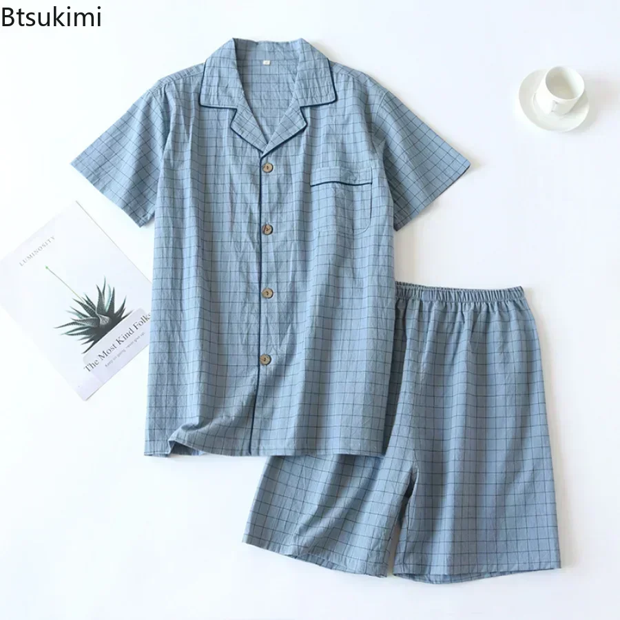 2025 Men's Summer Pajamas Sets Thin Short Sleeved Shirt and Shorts Soft Plaid Cotton Simple Japanese Home Service Suit Sets Male