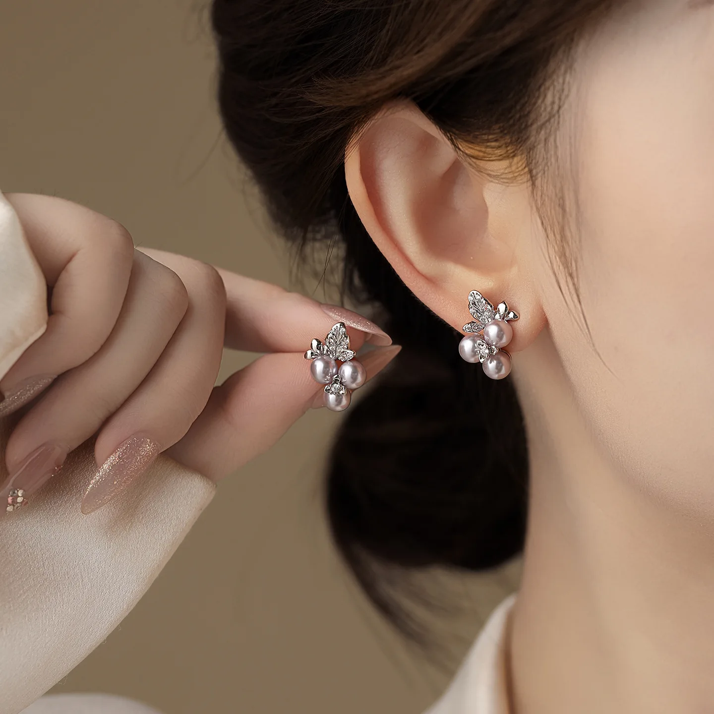 Pearl Earrings Silver Micro Set Grape Purple Studs for Women Classic Glamorous Sparkly Jewelry Evening Party Winter Date