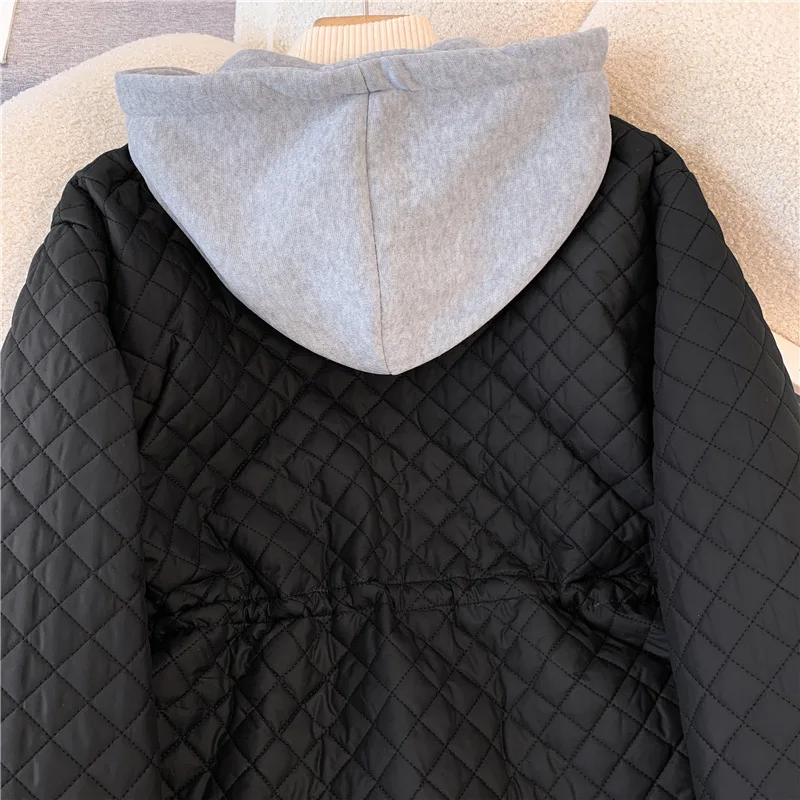 Chaqueta de algodón acolchada con capucha para mujer, abrigo cálido con cordón de almazuela Simple, moda coreana, abrigo grueso negro holgado, invierno