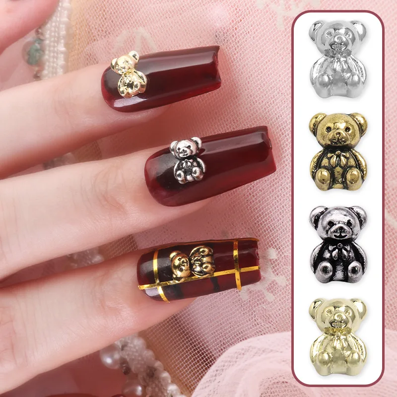 10pcs 6*8mm Retro Cute bear 3D Glitter Rhinestones Gold Silver DIY Charm Alloy Nail Supplies Charms nail Art Decorations New