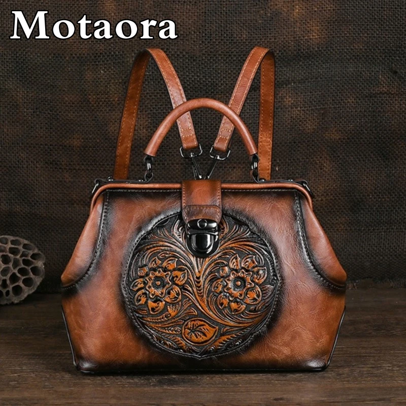 MOTAORA Vintage Luxury Handmade Leather Backpacks For Women Designer Handbags Hasp Ladies Shoulder Bags Embossed Woman Backpack