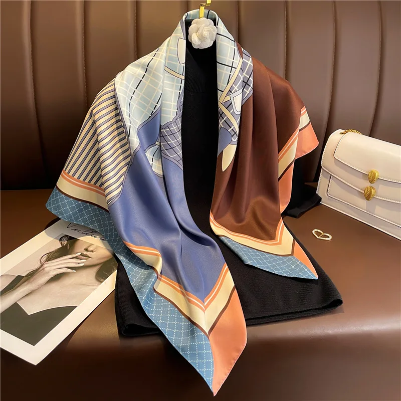 European American Color match Fashion Silk Scarf Women 90X90cm Square Shawl Female Tie Neck Bag Wrap Hijab Print Scarves Ribbon