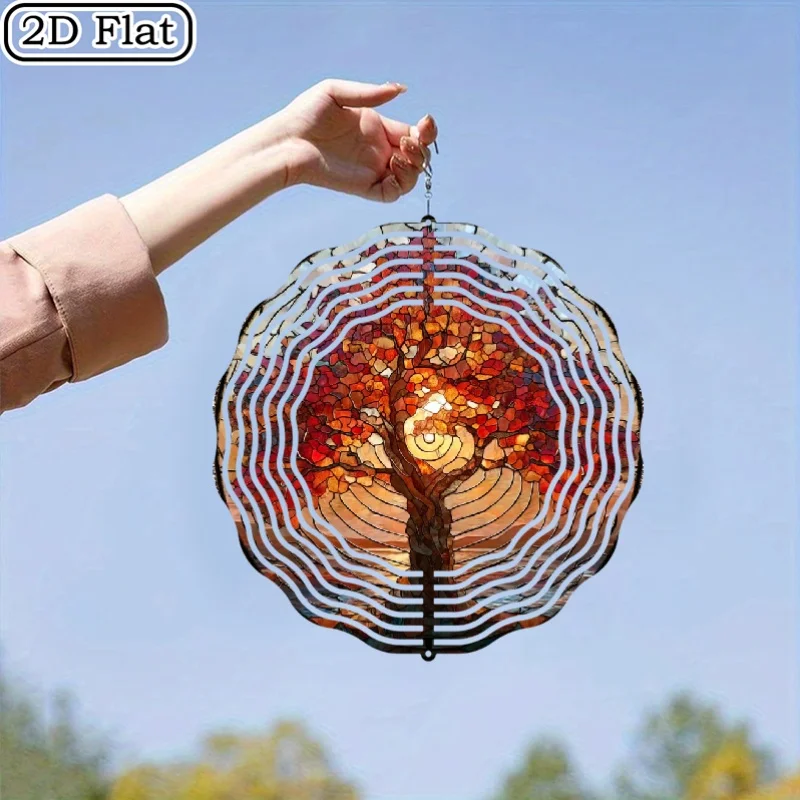 Metal Tree of Life Wind Spinner And Bell - Stained Glass Effect Leaf Design, Soothing Color Changing Sheen, Garden Decor
