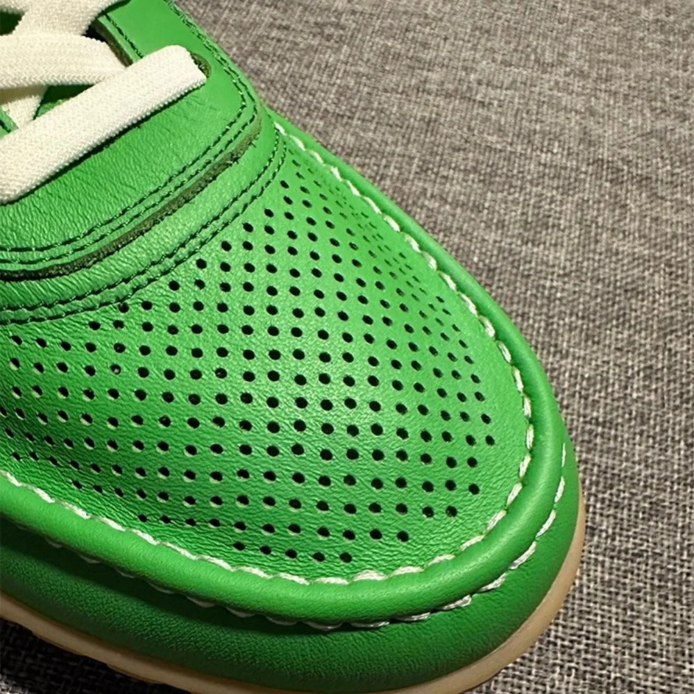 QHCCID Green Fashion Men Casual Sneakers Cow Leather Casual Shoes Breathable Comfortable Vintage Sneakers Shoes for Men