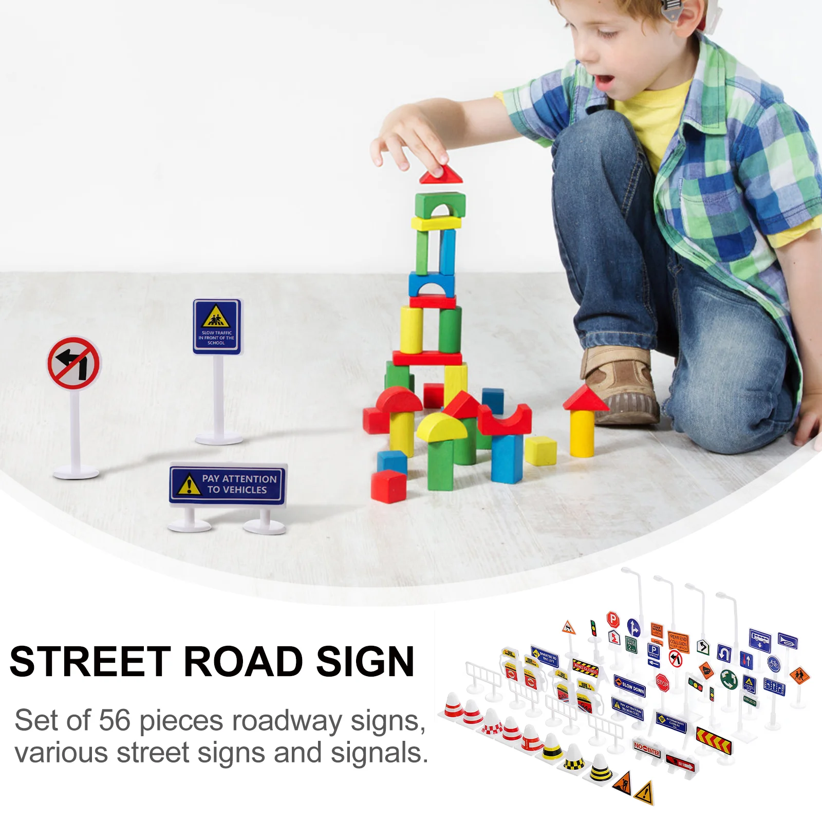 56 Pcs Street Road Signs Playset Barricade Toys Boys Early Childhood Miniature Outdoor