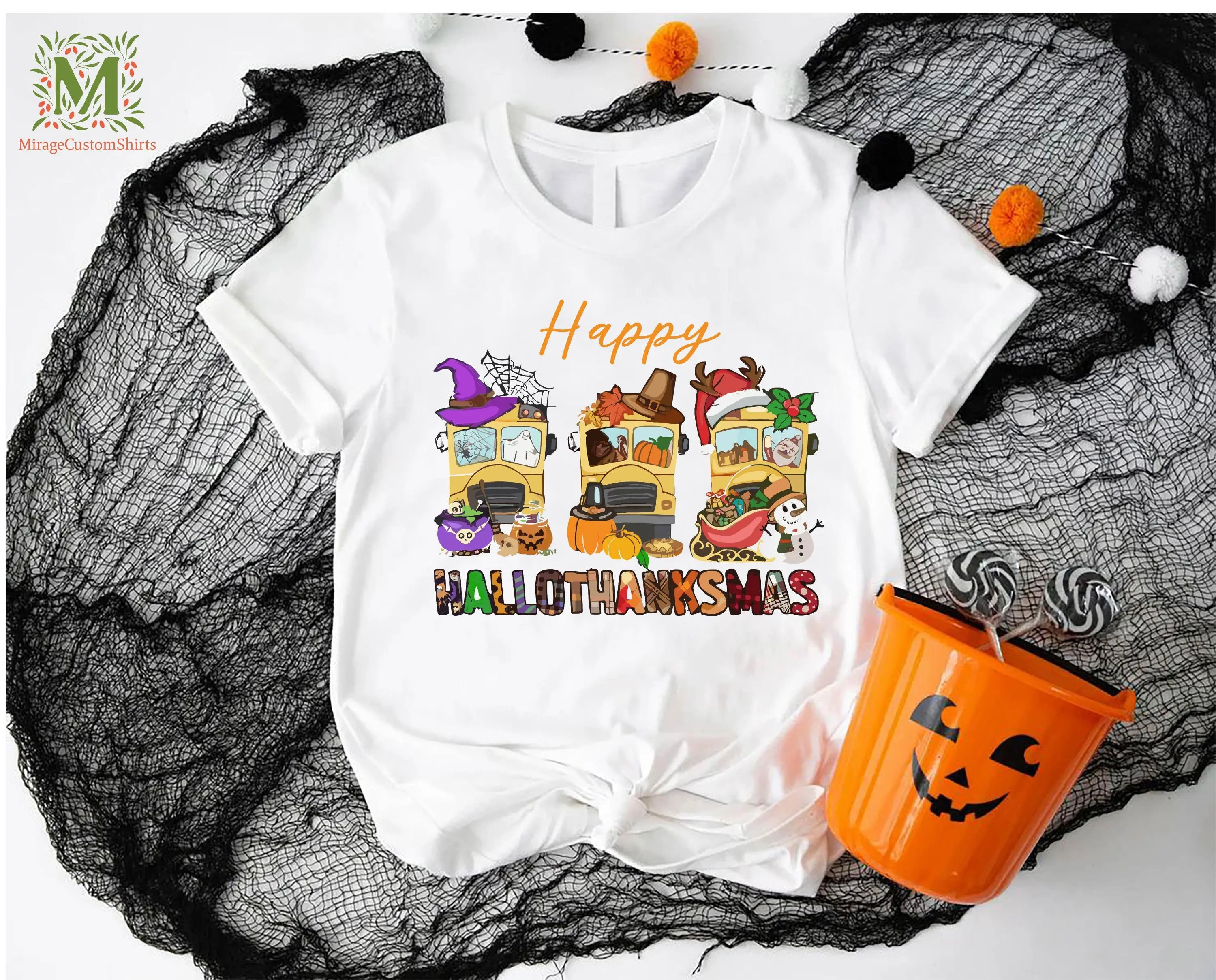 Hallothanksmas Halloween Ação de Graças Natal camiseta festiva feriado ônibus motorista escola