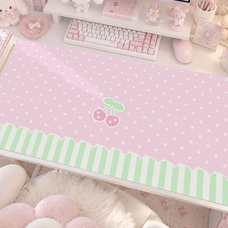 Cartoon Pink Polka Dot Star Cherry Kawaii PU Leather Mouse Pad Desk Mat Non-Slip Computer Mouse Pads Suitable For Office Gaming