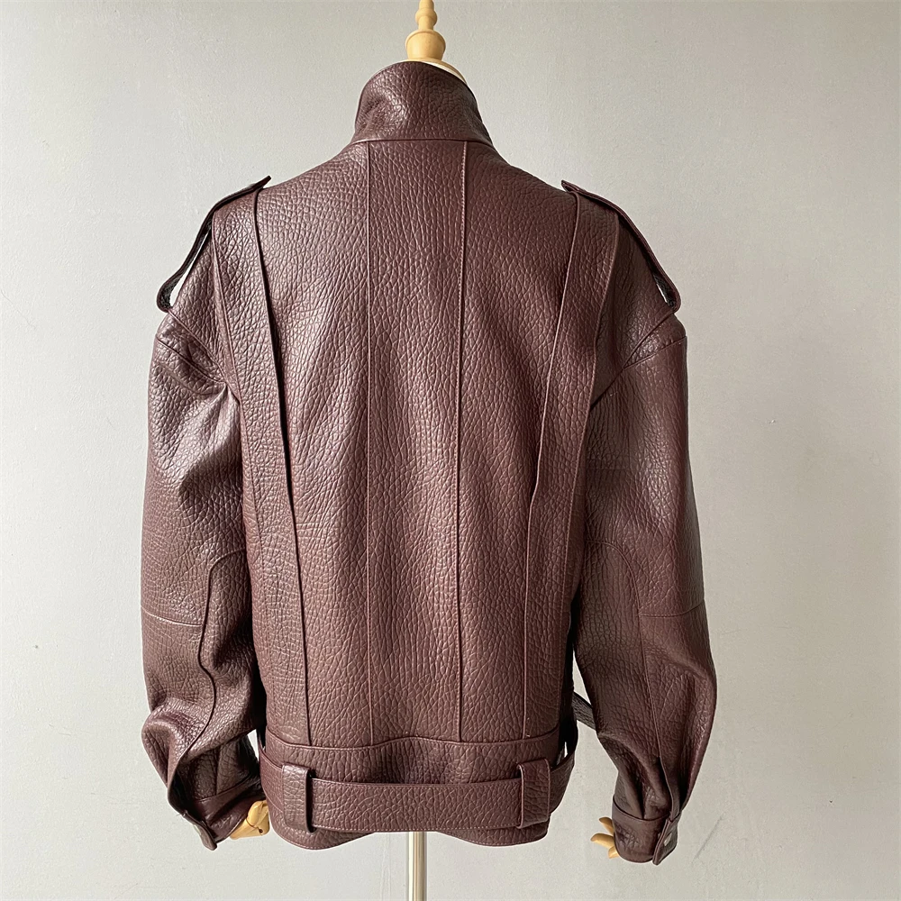 Jxwatcher Schaffell-Lederjacke für Damen, 2025, Herbst, neue Ankunft, Blasen-Ledermantel, Damen, lockeres Revers, volle Ärmel, Jacken