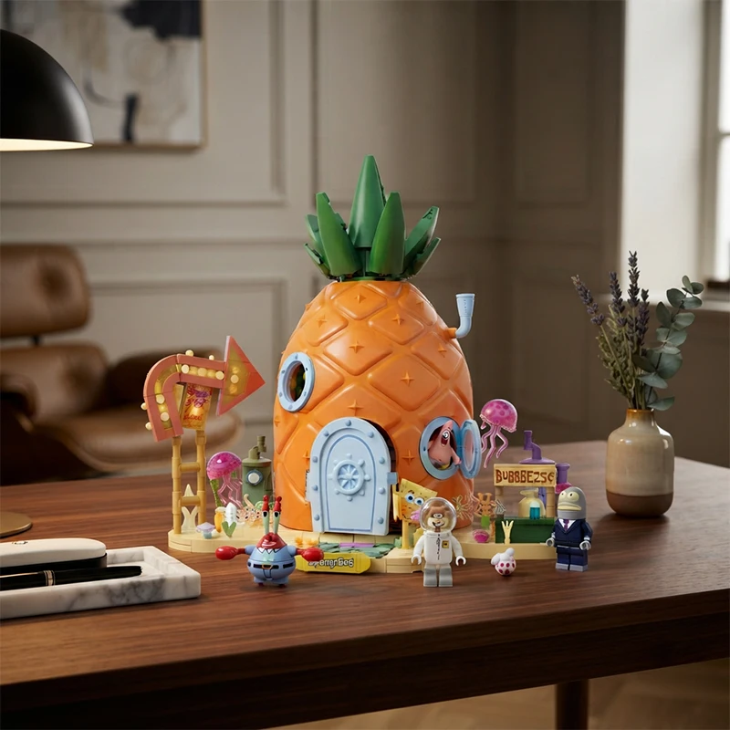 AREAX SpongeBob Schwammkopf Ananas-Haus Modulares Bausteine-Set Patrick Star Thaddäus Actionfiguren Modell-Bausteine DIY Montage-Spielzeug für Erwachsene Ideales Geburtstags- und Feiertagsgeschenk