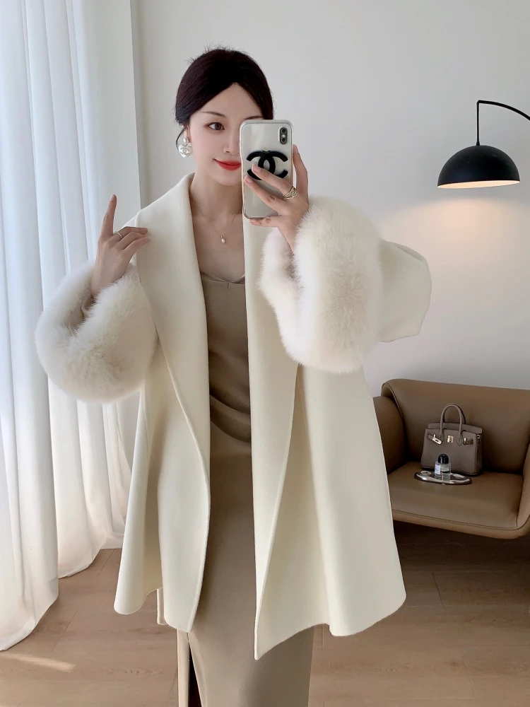 2023 Autumn and Winter  New Double-Faced Woolen Goods Cashmere Coat Women\'s Whole Leather Fox Fur Fur High Sense Cape Coat