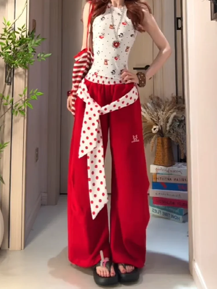 

Dopamine Boosting Red Polka Dot Belted Wide Leg Pants Women Summer Casual Loose Slimming Straight Leg Sweatpants