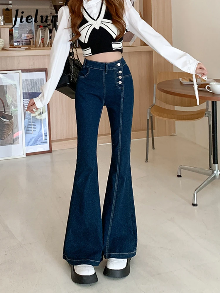 

Jielur Retro Dark Blue Casual Jeans Women New Korean Autumn High Waist Flare Pants Female Buttons Slim Wide Leg Jeans Woman S-XL