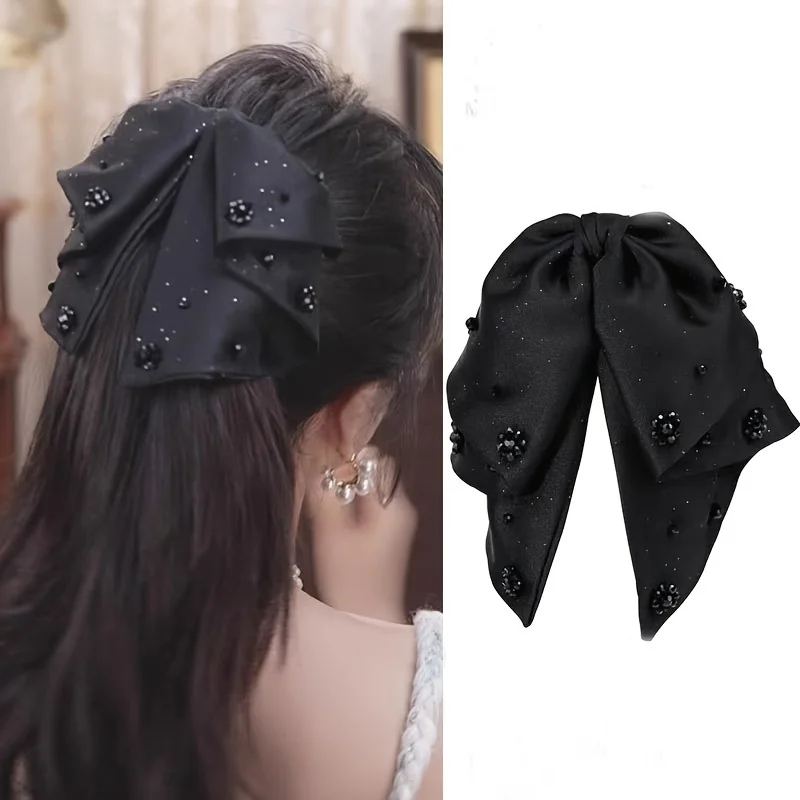 Pince à cheveux élégante avec nœud en perles de cristal pour filles, épingle à cheveux à ressort solide, bande de sauna rétro avec pinces, accessoires simples et à la mode