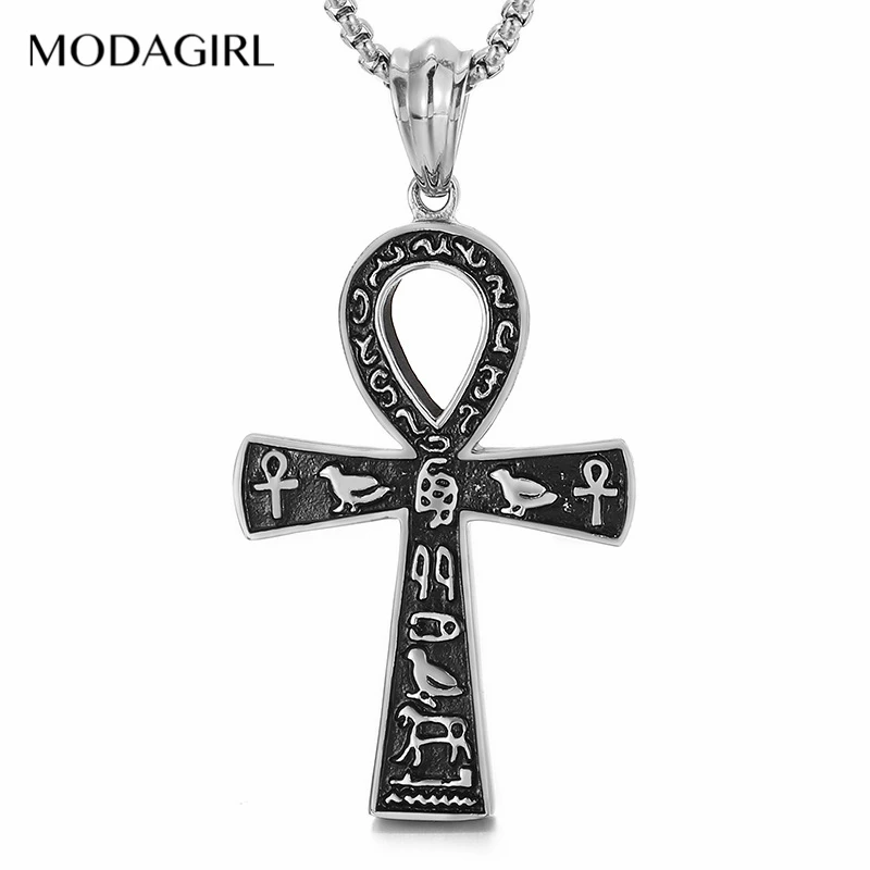 

MODAGIRL Large Ancient Egyptian Ankh Cross with Hieroglyphs Pendant Necklace Stainless Steel Jewerely