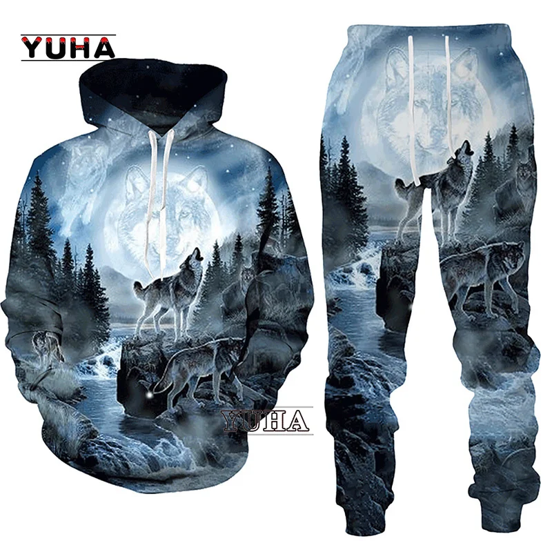 Ensemble de survêtement imprimé loup de forêt pour hommes, sweat à capuche 3D, sweat-shirts décontractés, pantalons de survêtement, vêtements de