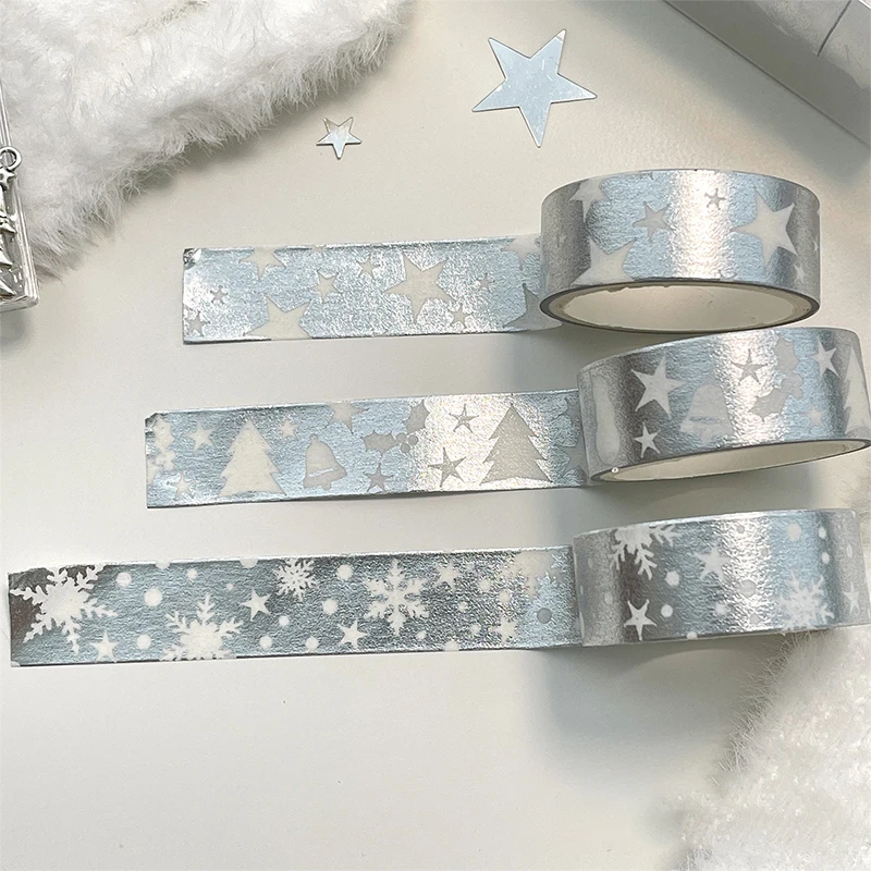 New 1PC 2M Deco Silver Foil Snowflake Stars Christmas Washi Tape For Gift Wrap Journal Masking Tape Cute Stationery