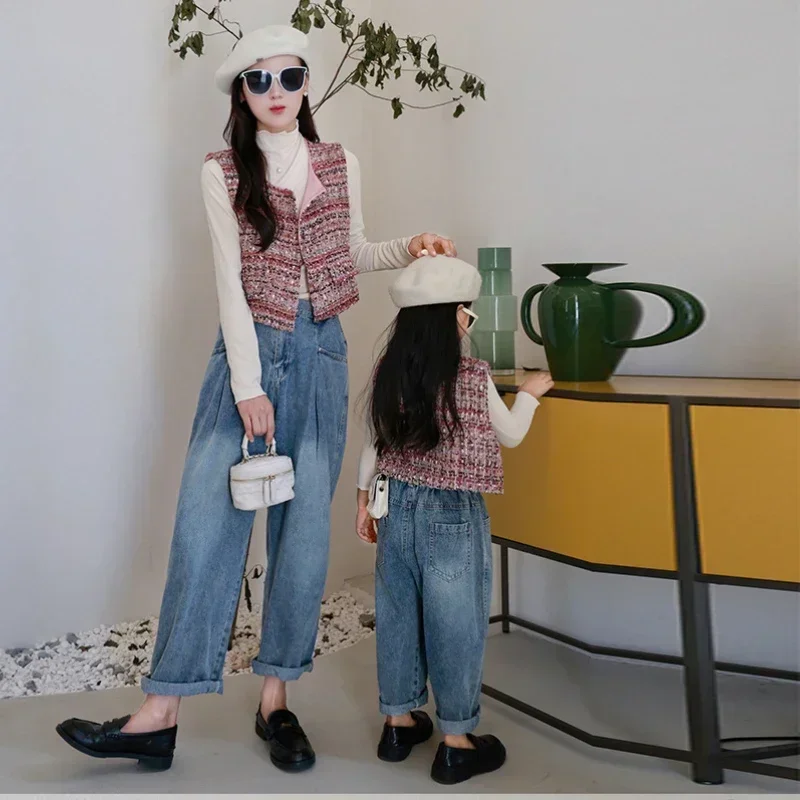 2024 Mom and Daughter Matching Equal Costume Fashion Mummy and Me Vest Pullover Jeans Mother and Daughter Clothes Women Clothing