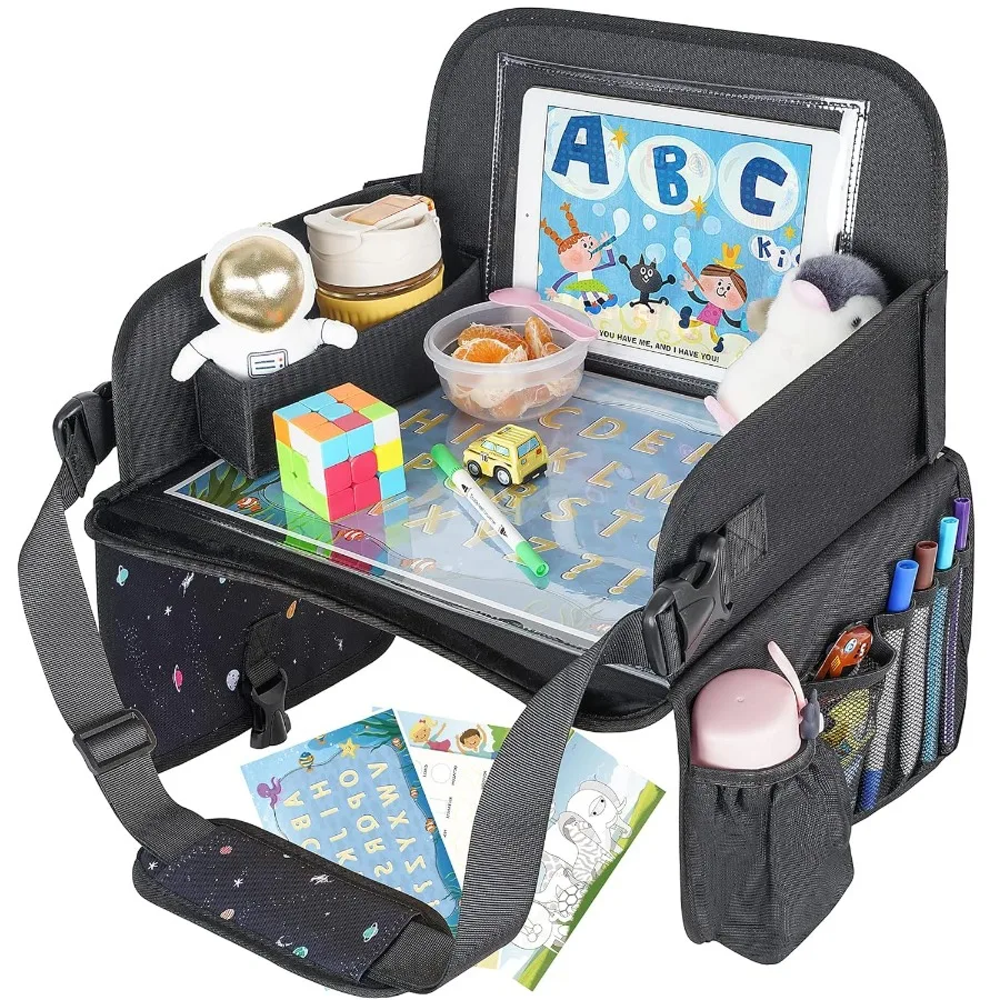 

Portable Travel Tray for Car Seat with Educational Drawing Board Tablet Holder and Cooler Cup Holder Ideal for Road Trips Airpl