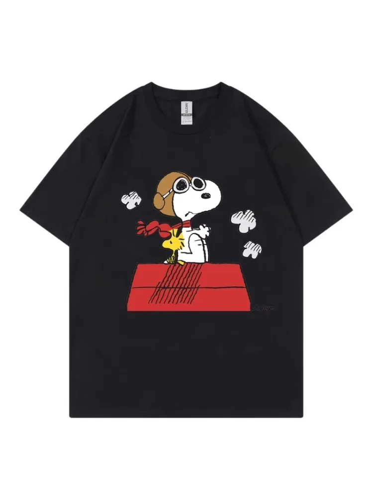 Snoopy Schwarz Frauen T-shirt Sommer 2025 Neue Kurzarm 100 % Baumwolle Männer Frauen T Shirt Tops Cartoon Anime Paar Kleidung Tops