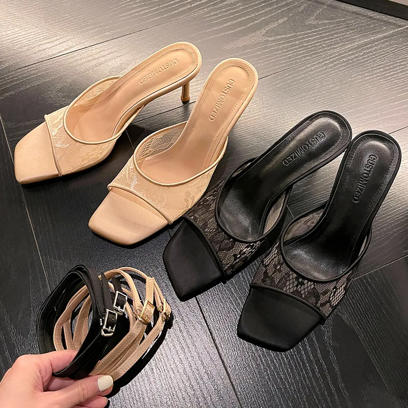 

Arden Furtado Summer Mesh Hollow stilettos Word slippers Square toe Stilettos heels Elegant silk Outdoor wear Mules Large size